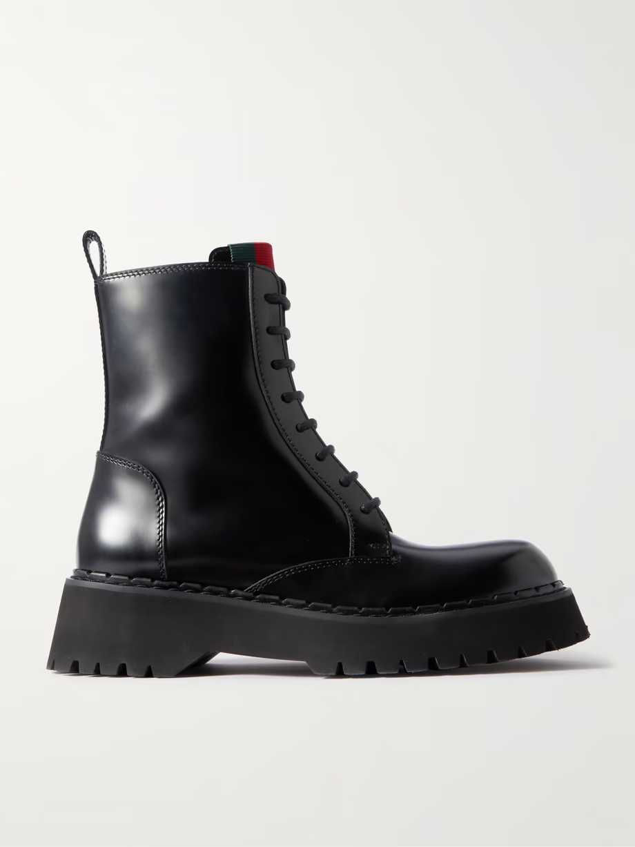 Thea webbing-trimmed glossed-leather ankle boots Thea webbing-trimmed glossed-leather ankle boots