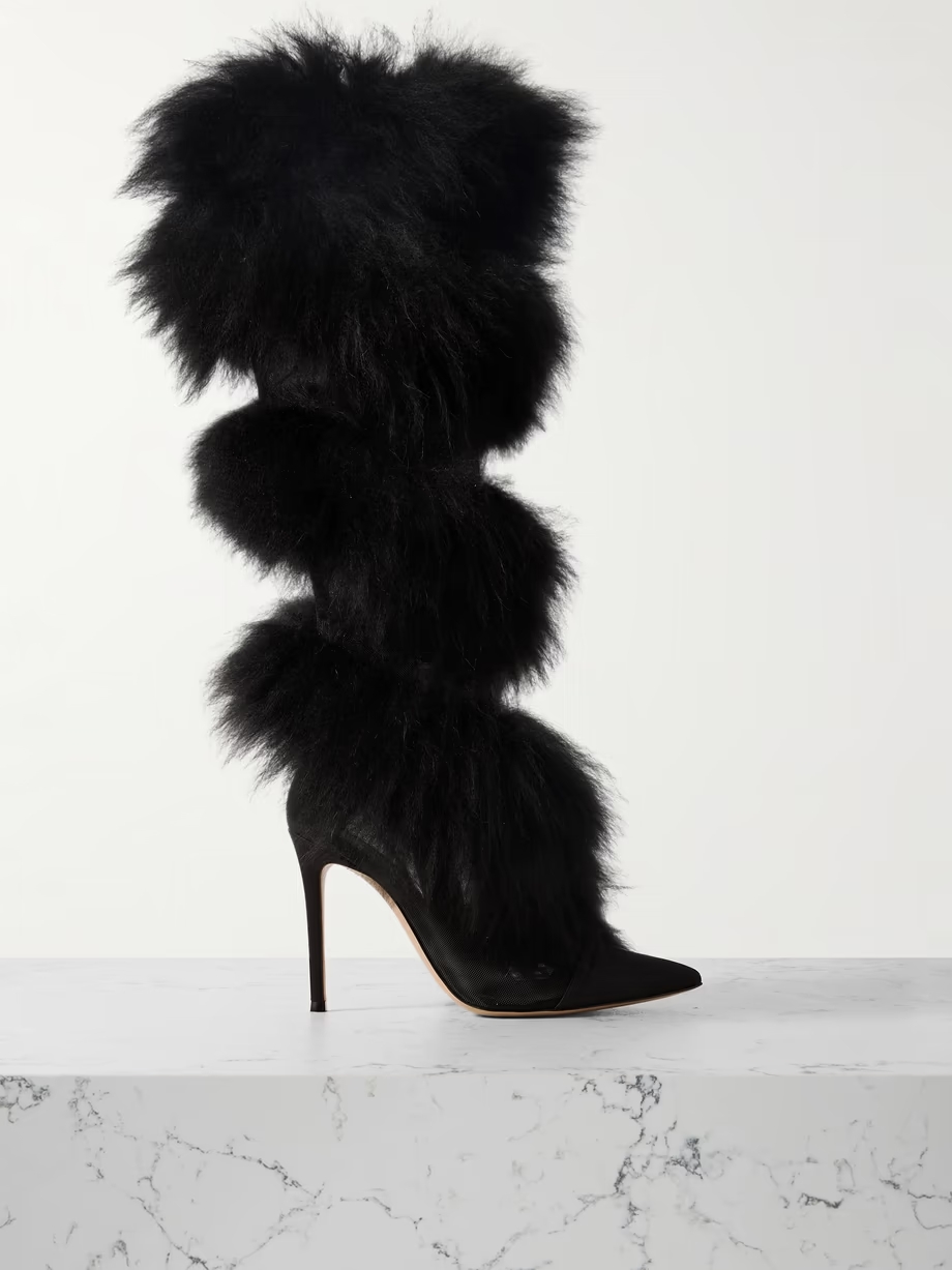 Faux fur-trimmed mesh and satin knee boots Faux fur-trimmed mesh and satin knee boots