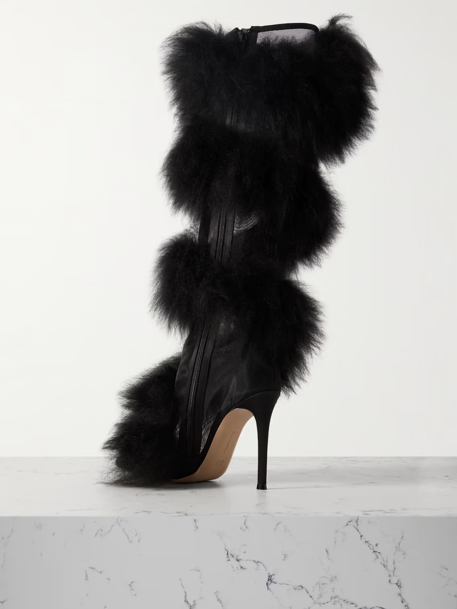 Faux fur-trimmed mesh and satin knee boots Faux fur-trimmed mesh and satin knee boots