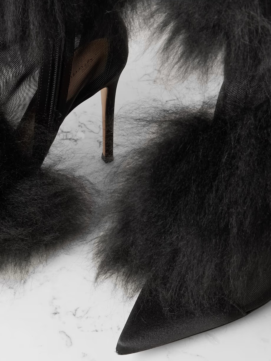 Faux fur-trimmed mesh and satin knee boots Faux fur-trimmed mesh and satin knee boots