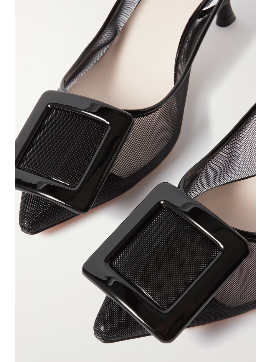 Viv\' In The City patent leather-trimmed mesh slingback pumps Viv\' In The City patent leather-trimmed mesh slingback pumps