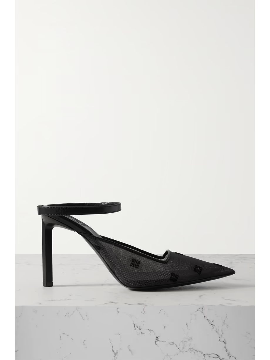 Show logo-embroidered leather-trimmed mesh slingback pumps Show logo-embroidered leather-trimmed mesh slingback pumps
