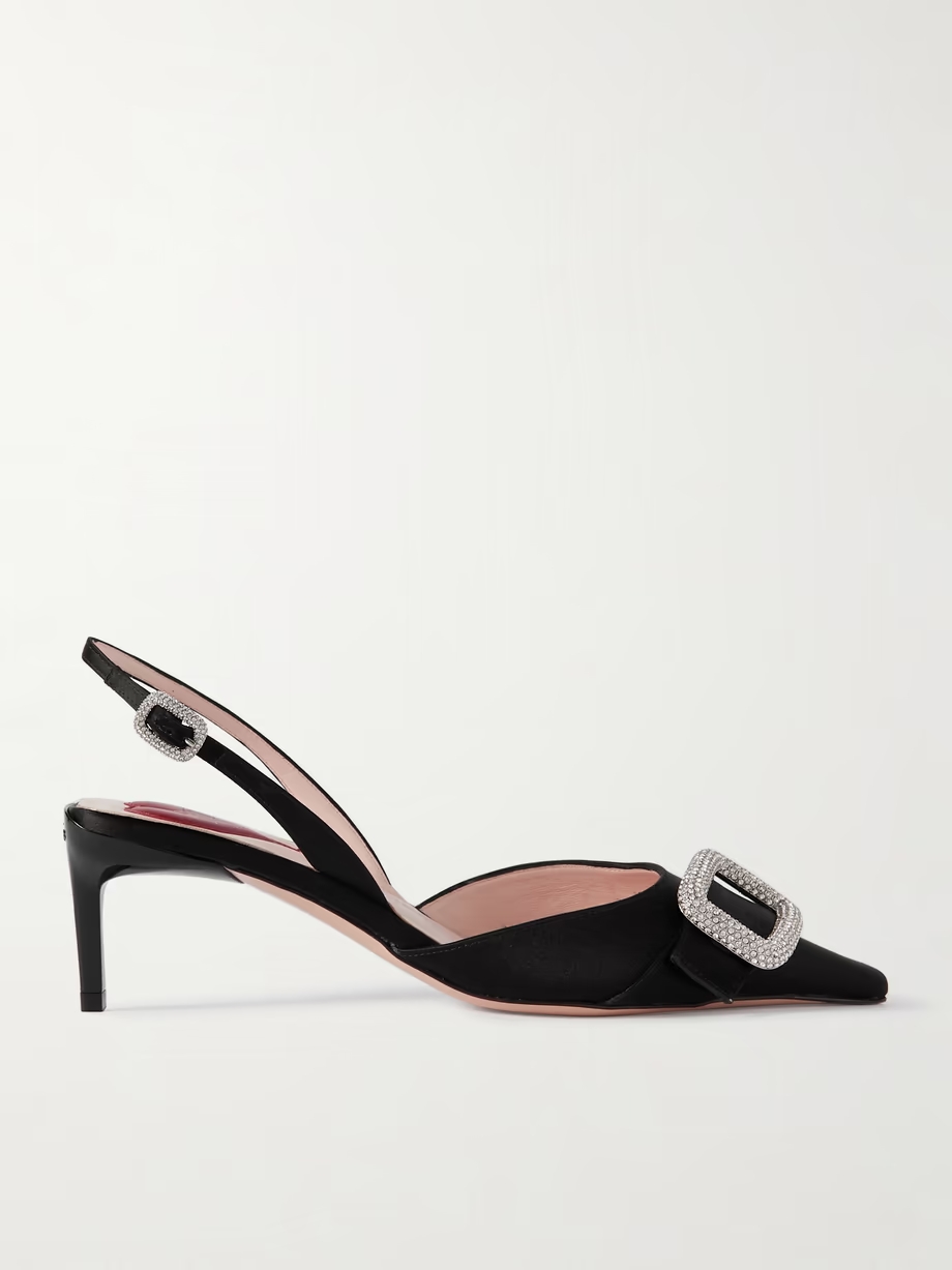 Dorsay crystal-embellished satin slingback pumps Dorsay crystal-embellished satin slingback pumps