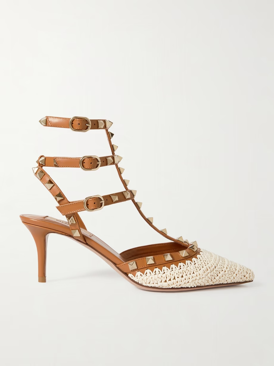 Rockstud 65 embellished leather and crocheted raffia pumps Rockstud 65 embellished leather and crocheted raffia pumps