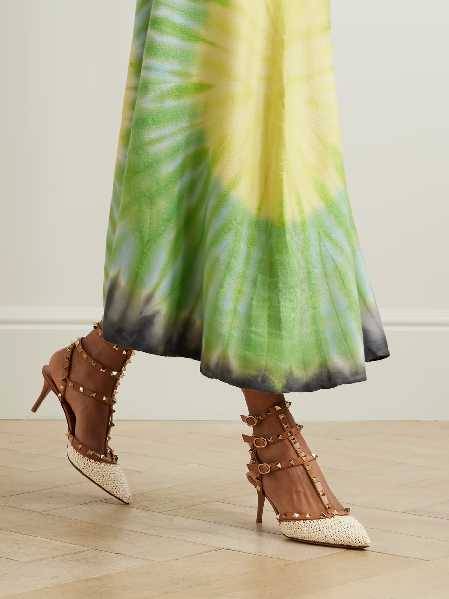 Rockstud 65 embellished leather and crocheted raffia pumps Rockstud 65 embellished leather and crocheted raffia pumps