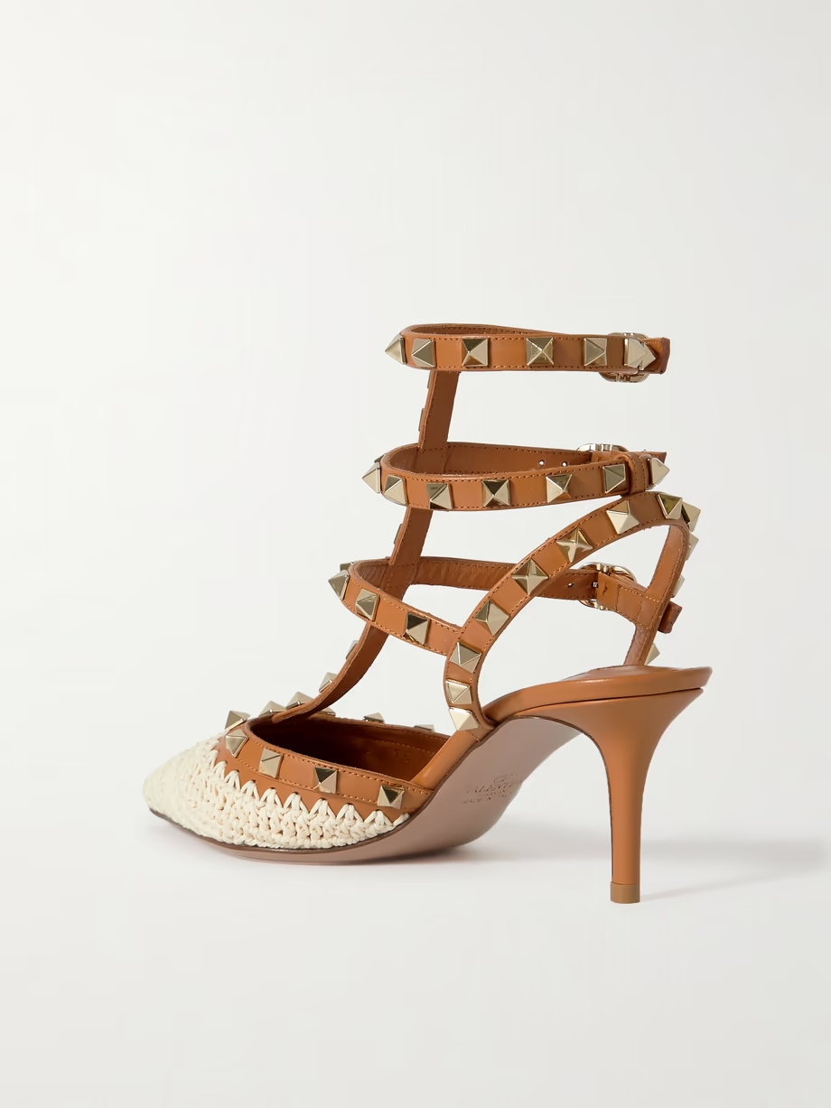 Rockstud 65 embellished leather and crocheted raffia pumps Rockstud 65 embellished leather and crocheted raffia pumps