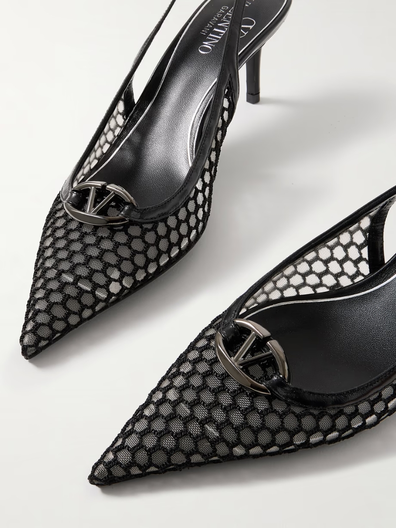 VLOGO Moon 60 embellished leather-trimmed fishnet and mesh slingback pumps VLOGO Moon 60 embellished leather-trimmed fishnet and mesh slingback pumps