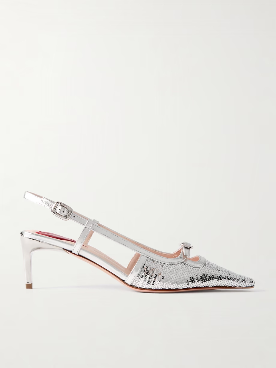 Buckle-embellished sequined metallic leather slingback pumps Buckle-embellished sequined metallic leather slingback pumps