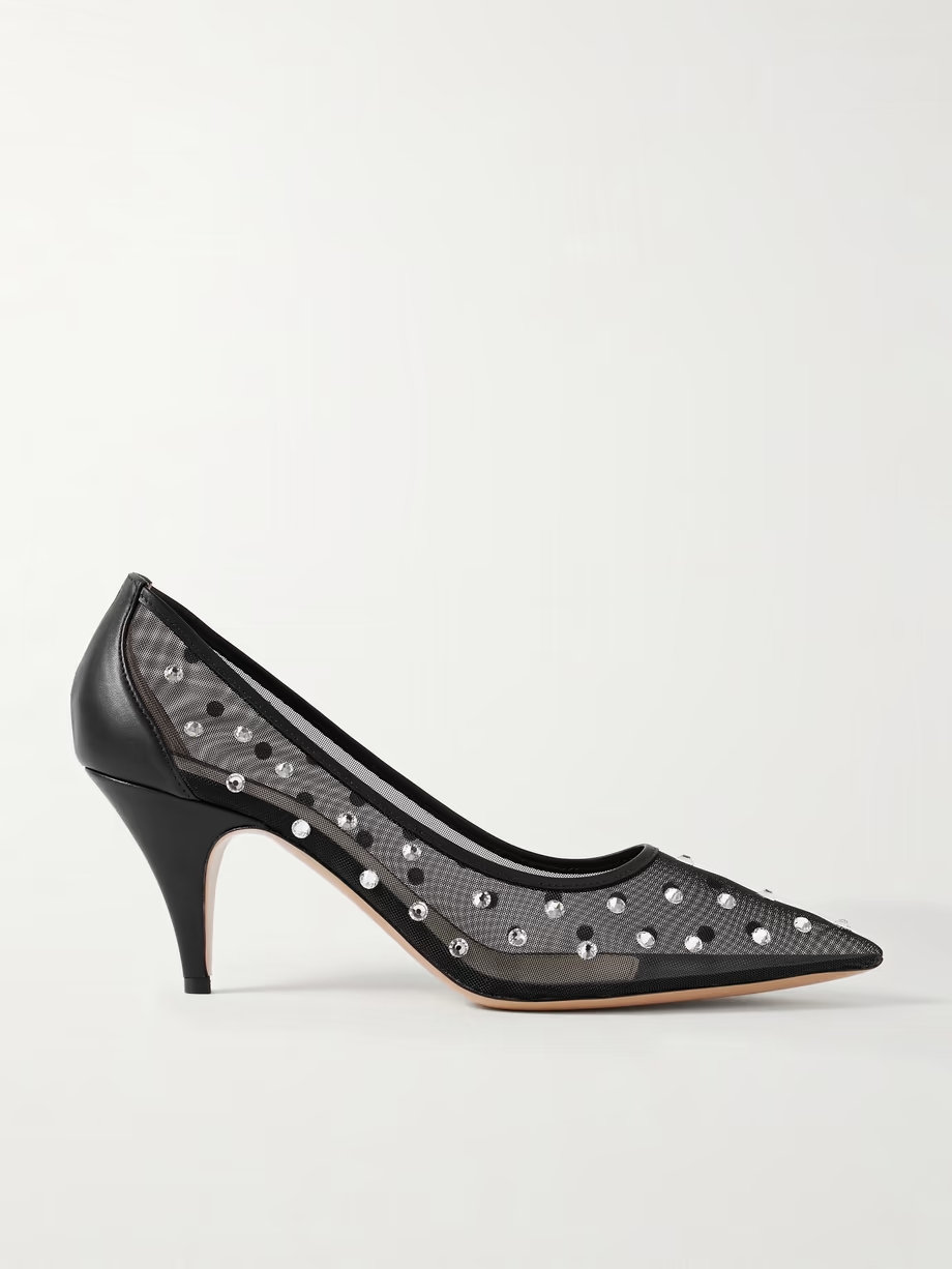 River Iconic leather-trimmed crystal-embellished mesh pumps River Iconic leather-trimmed crystal-embellished mesh pumps