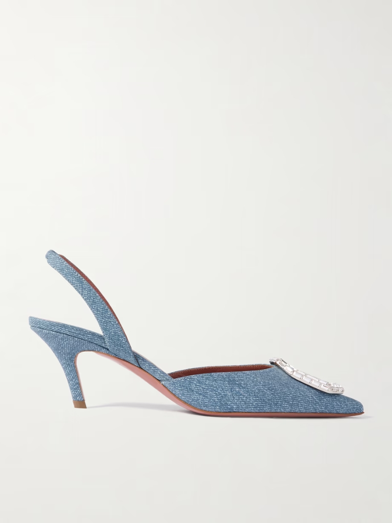 Camelia crystal-embellished denim-effect satin slingback pumps Camelia crystal-embellished denim-effect satin slingback pumps