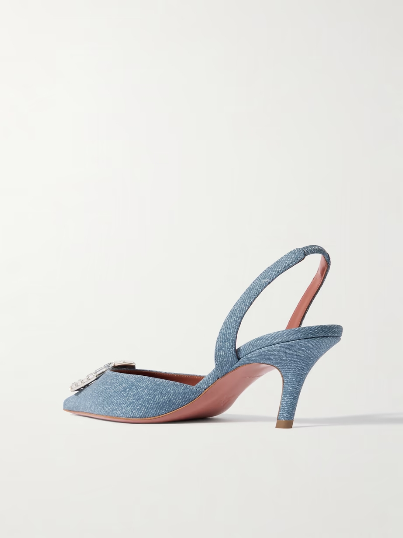 Camelia crystal-embellished denim-effect satin slingback pumps Camelia crystal-embellished denim-effect satin slingback pumps