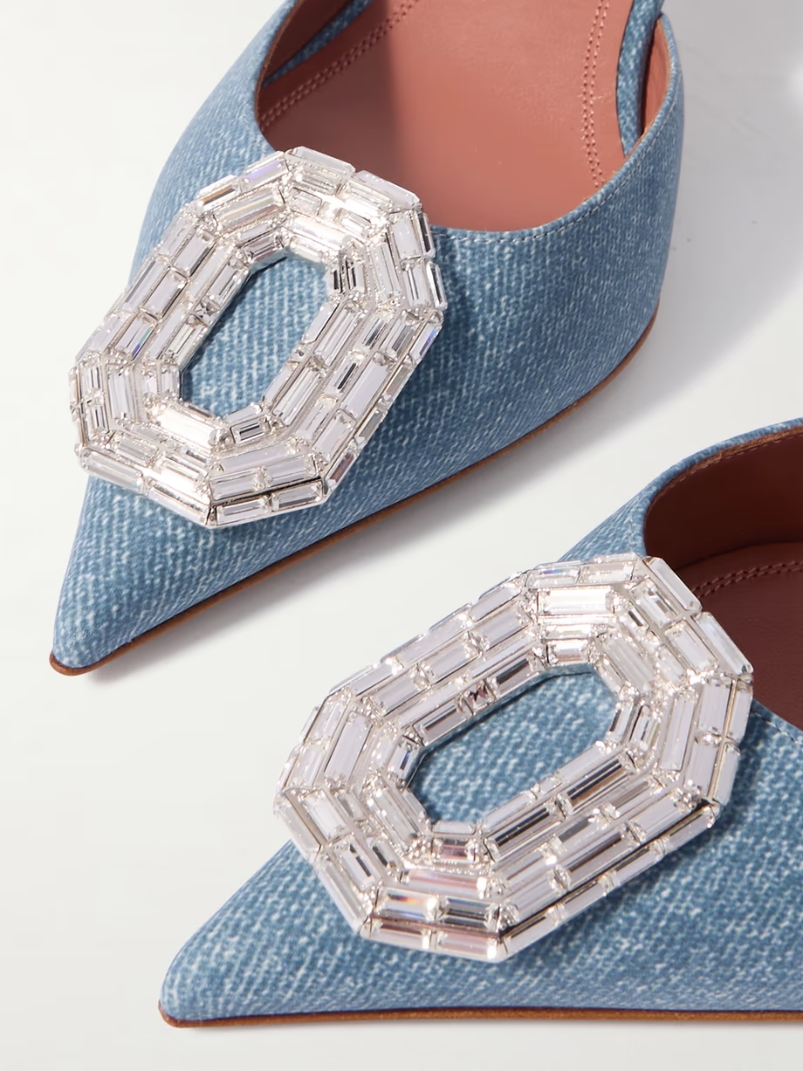 Camelia crystal-embellished denim-effect satin slingback pumps Camelia crystal-embellished denim-effect satin slingback pumps