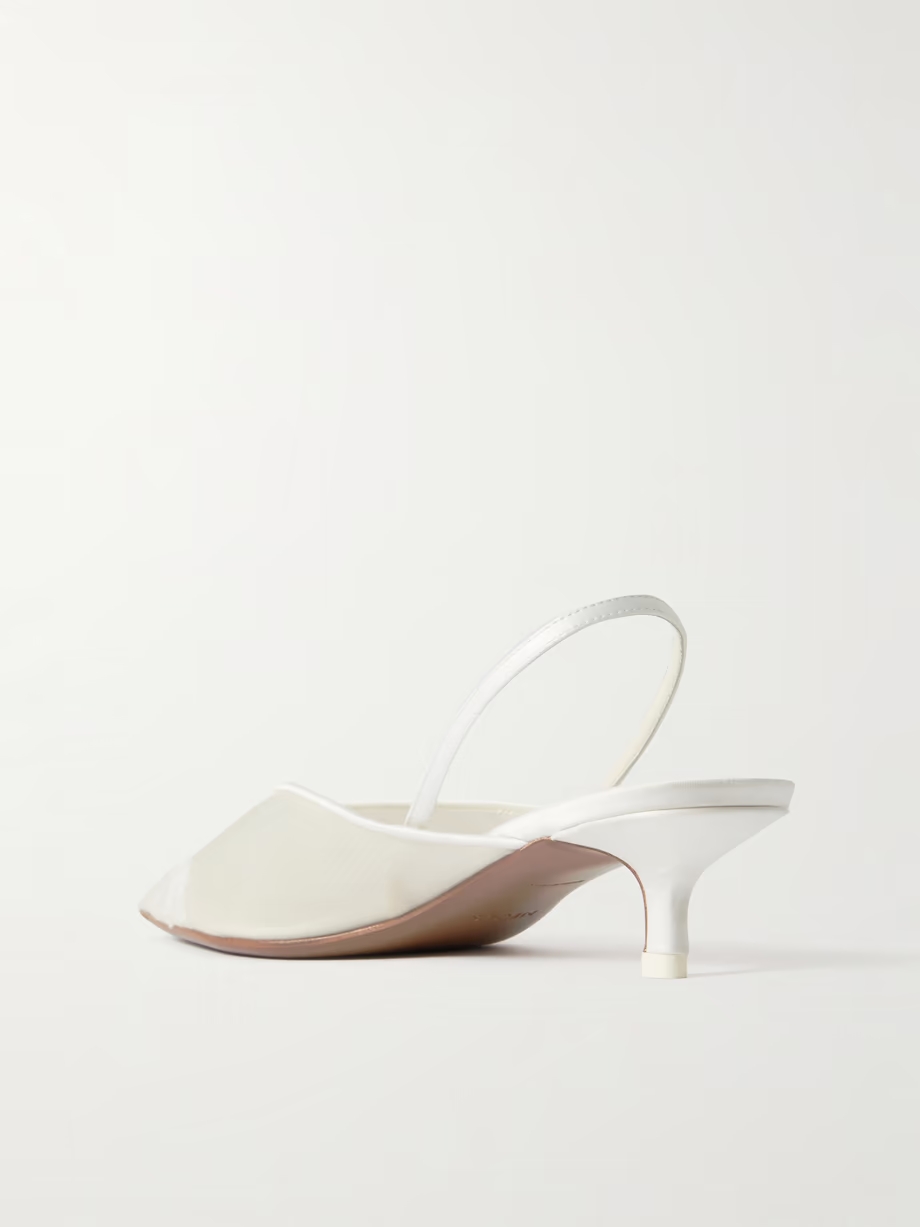 Irena satin and lace-trimmed mesh slingback pumps Irena satin and lace-trimmed mesh slingback pumps