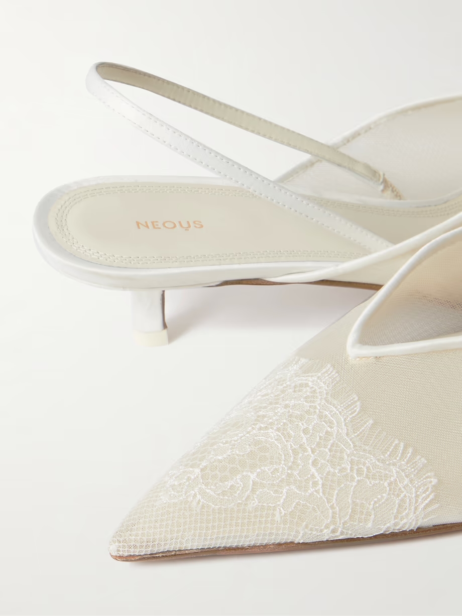 Irena satin and lace-trimmed mesh slingback pumps Irena satin and lace-trimmed mesh slingback pumps
