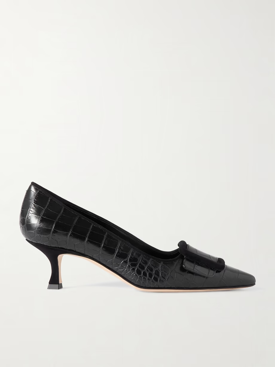 Maysale 50 buckled suede-trimmed croc-effect leather point-toe pumps Maysale 50 buckled suede-trimmed croc-effect leather point-toe pumps