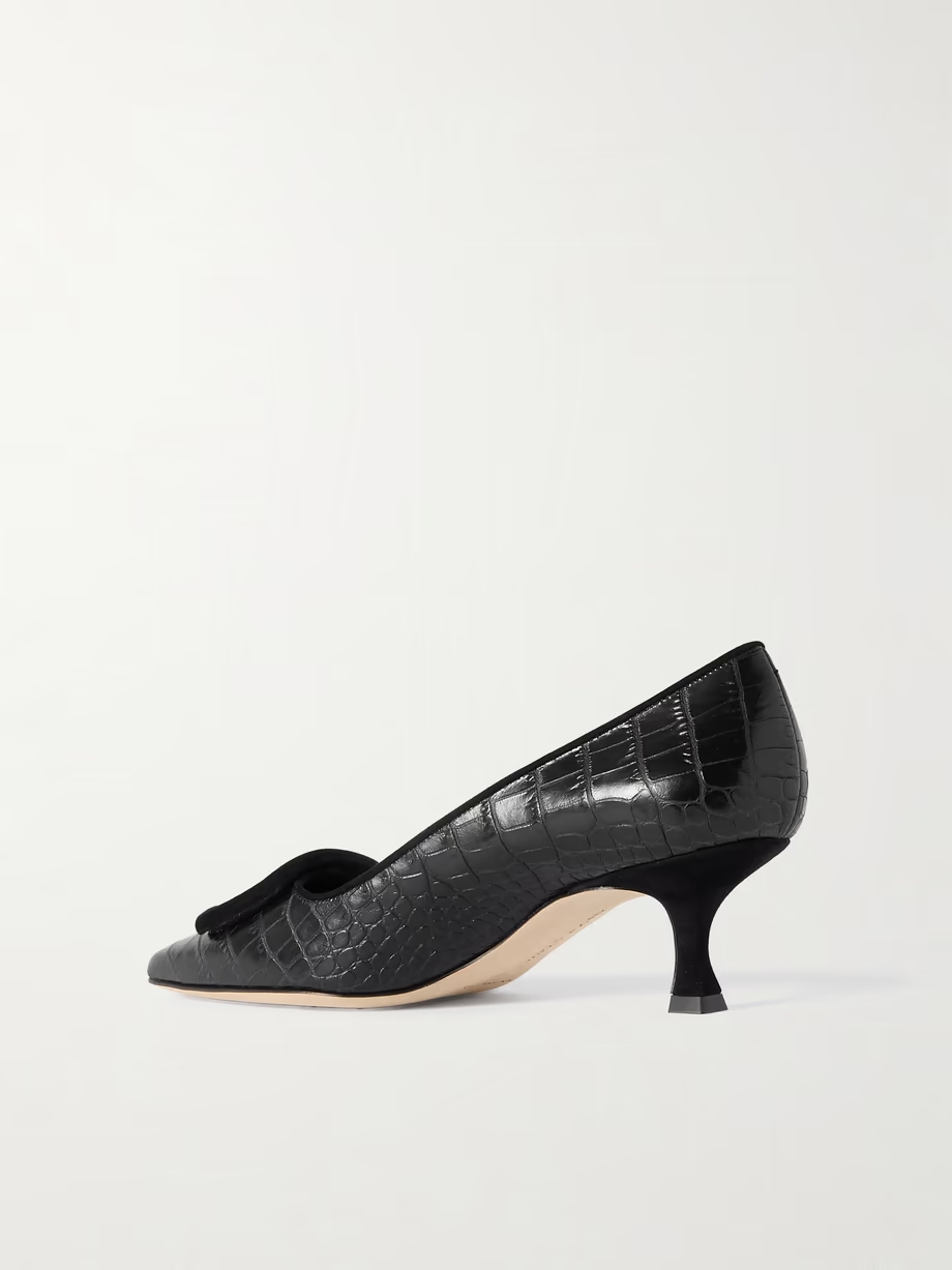 Maysale 50 buckled suede-trimmed croc-effect leather point-toe pumps Maysale 50 buckled suede-trimmed croc-effect leather point-toe pumps
