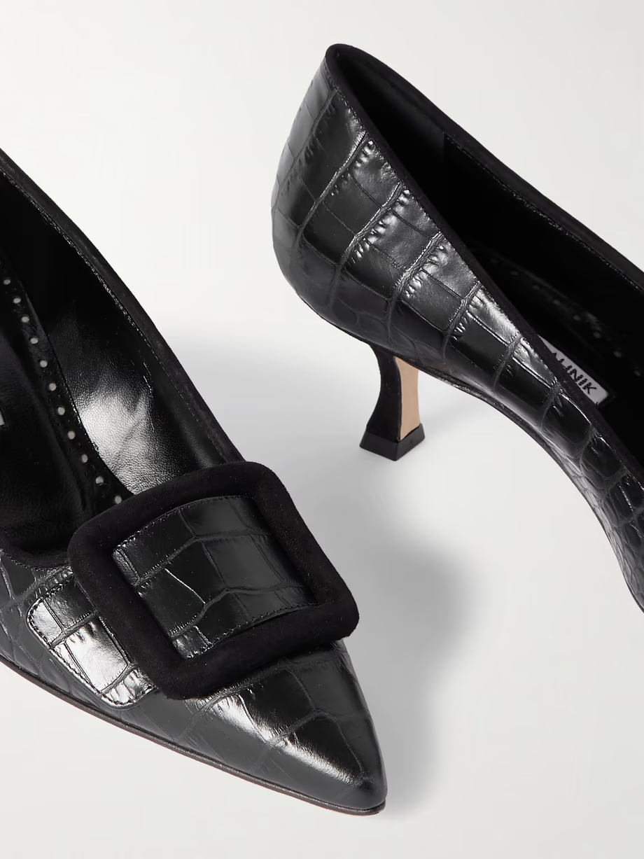 Maysale 50 buckled suede-trimmed croc-effect leather point-toe pumps Maysale 50 buckled suede-trimmed croc-effect leather point-toe pumps