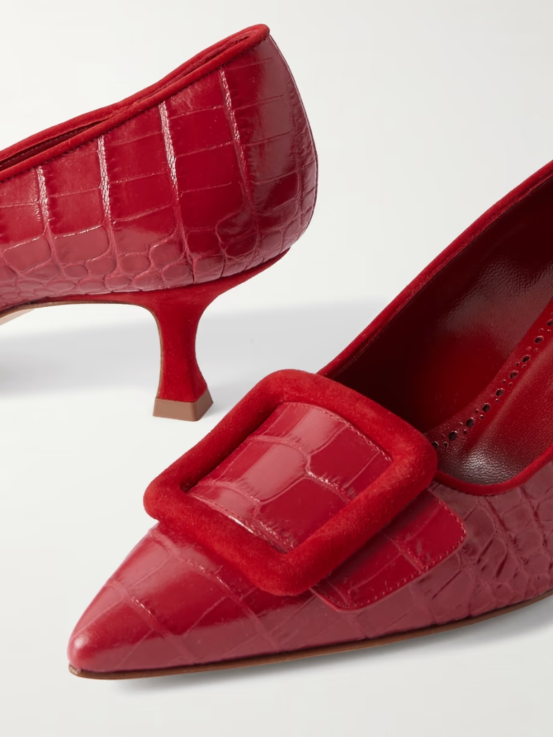 Maysale 50 buckled suede-trimmed croc-effect leather pumps Maysale 50 buckled suede-trimmed croc-effect leather pumps
