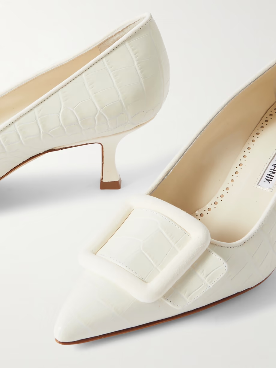 Maysale 50 buckled suede-trimmed croc-effect leather point-toe pumps Maysale 50 buckled suede-trimmed croc-effect leather point-toe pumps