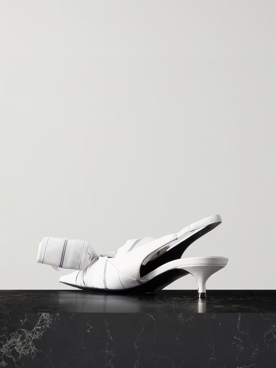 Striped poplin-trimmed leather slingback pumps Striped poplin-trimmed leather slingback pumps