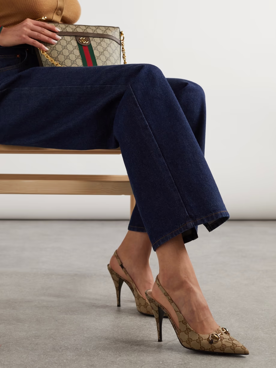 Erin horsebit-embellished canvas-jacquard slingback pumps Erin horsebit-embellished canvas-jacquard slingback pumps