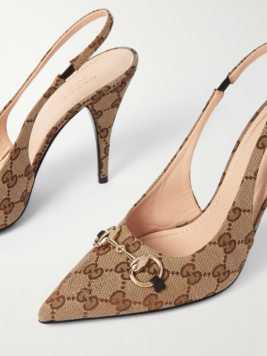 Erin horsebit-embellished canvas-jacquard slingback pumps Erin horsebit-embellished canvas-jacquard slingback pumps