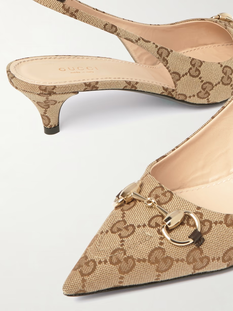Erin horsebit-embellished canvas-jacquard slingback pumps Erin horsebit-embellished canvas-jacquard slingback pumps
