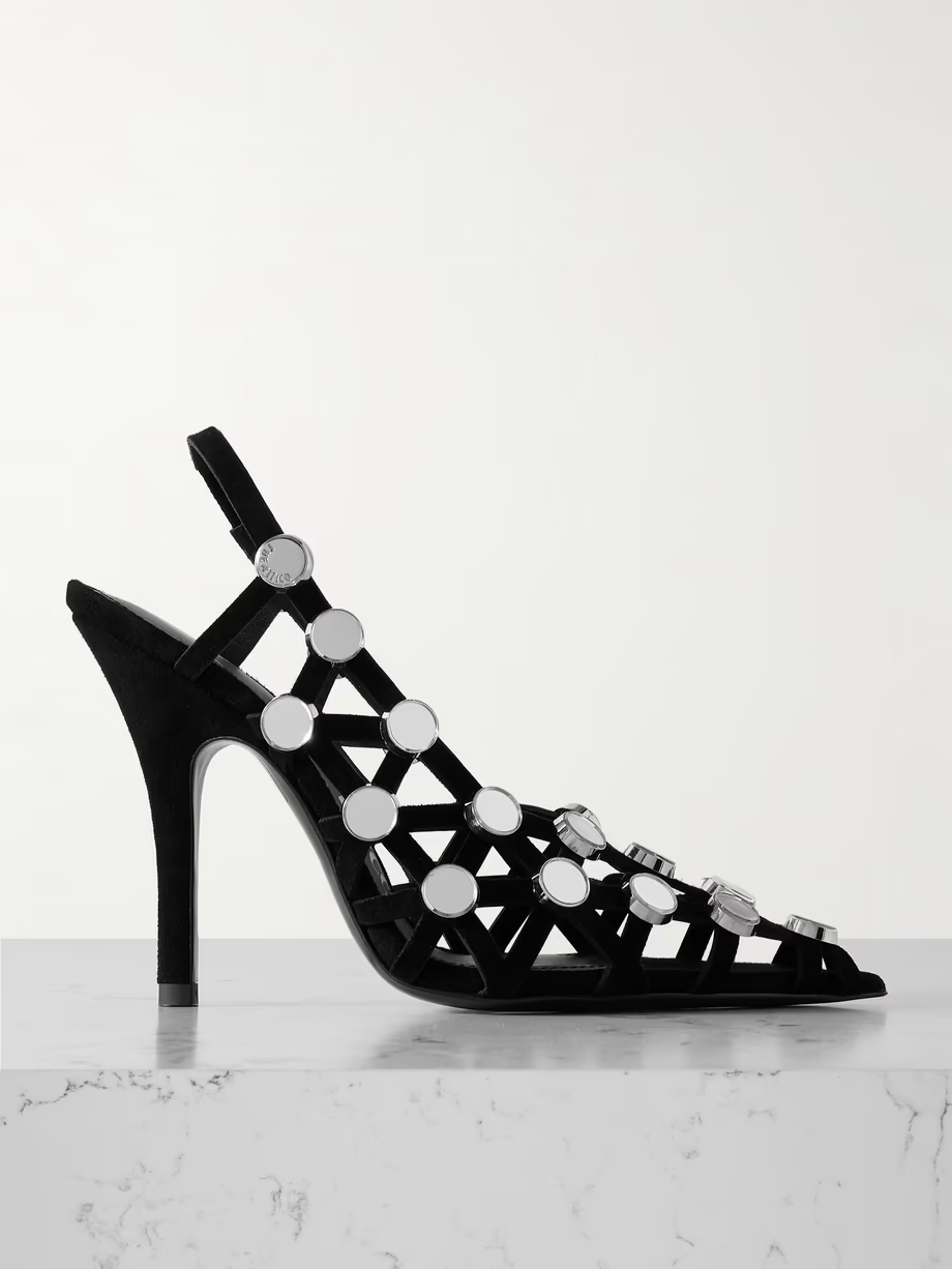 Grid studded suede slingback pumps Grid studded suede slingback pumps