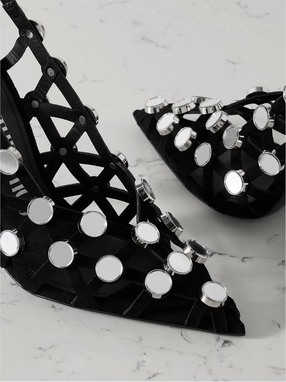 Grid studded suede slingback pumps Grid studded suede slingback pumps
