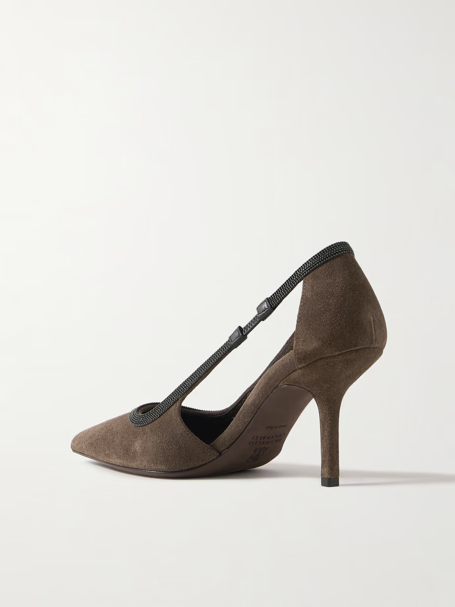 Cutout bead-embellished suede pumps Cutout bead-embellished suede pumps