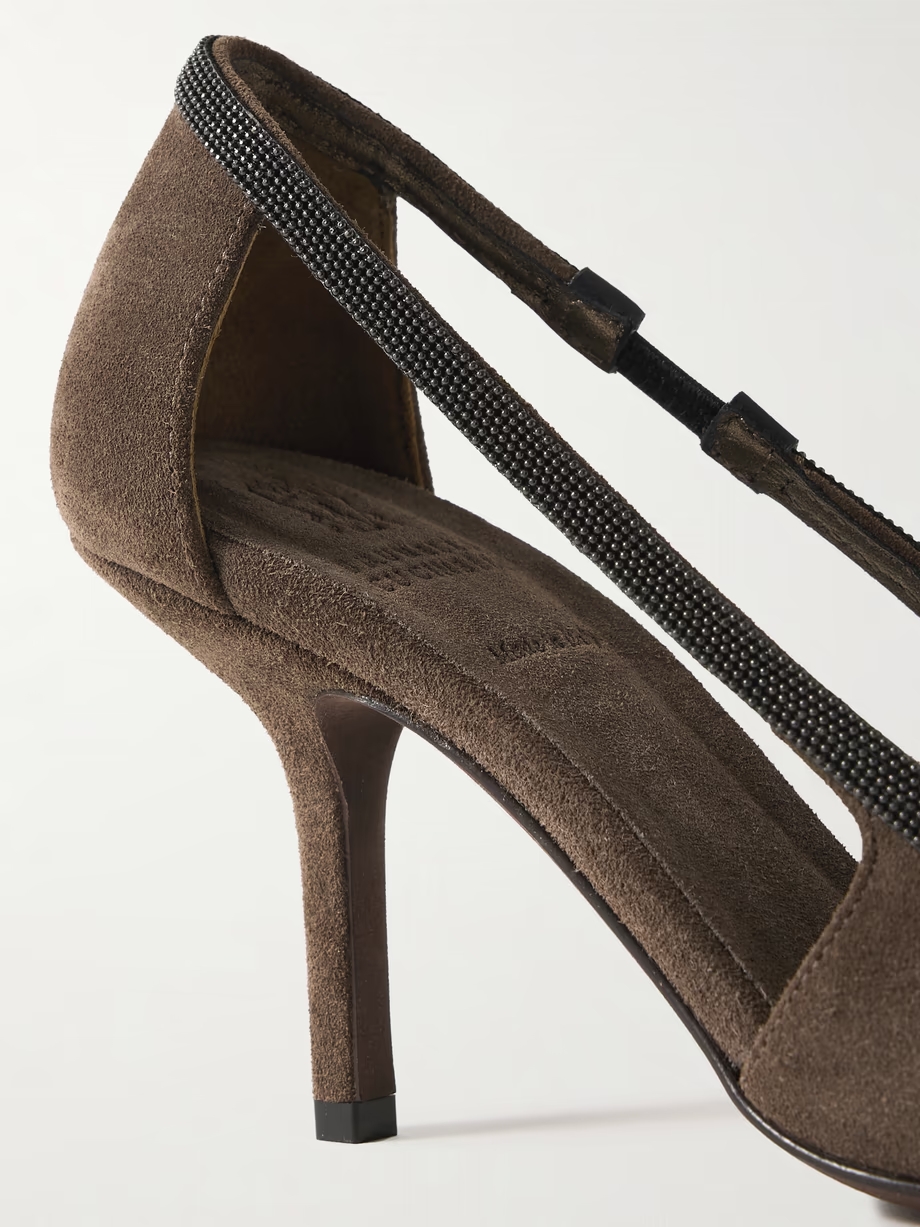 Cutout bead-embellished suede pumps Cutout bead-embellished suede pumps