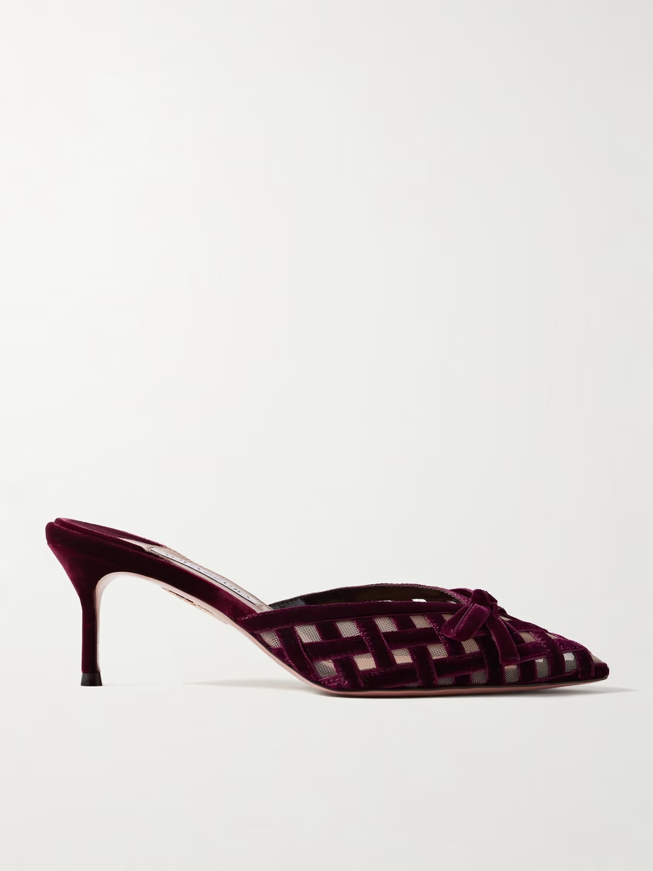 Romance 65 bow-embellished velvet and mesh pointed-toe pumps Romance 65 bow-embellished velvet and mesh pointed-toe pumps