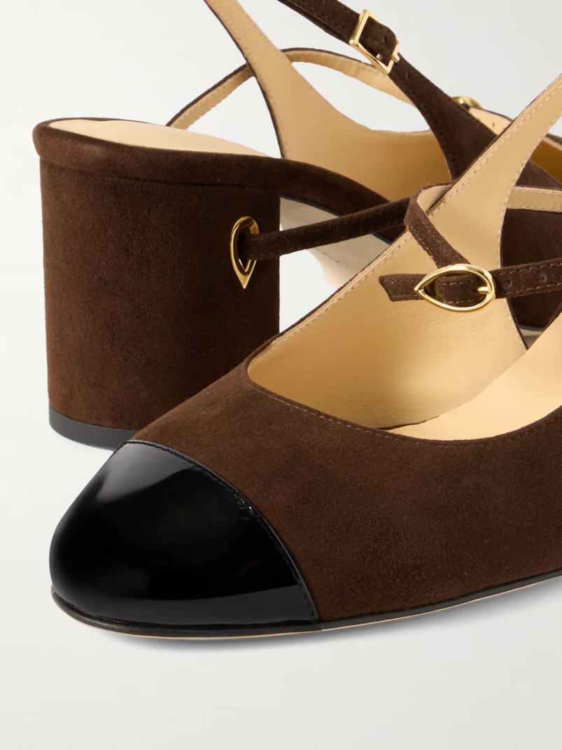 Mattia patent leather-trimmed suede slingback pumps Mattia patent leather-trimmed suede slingback pumps