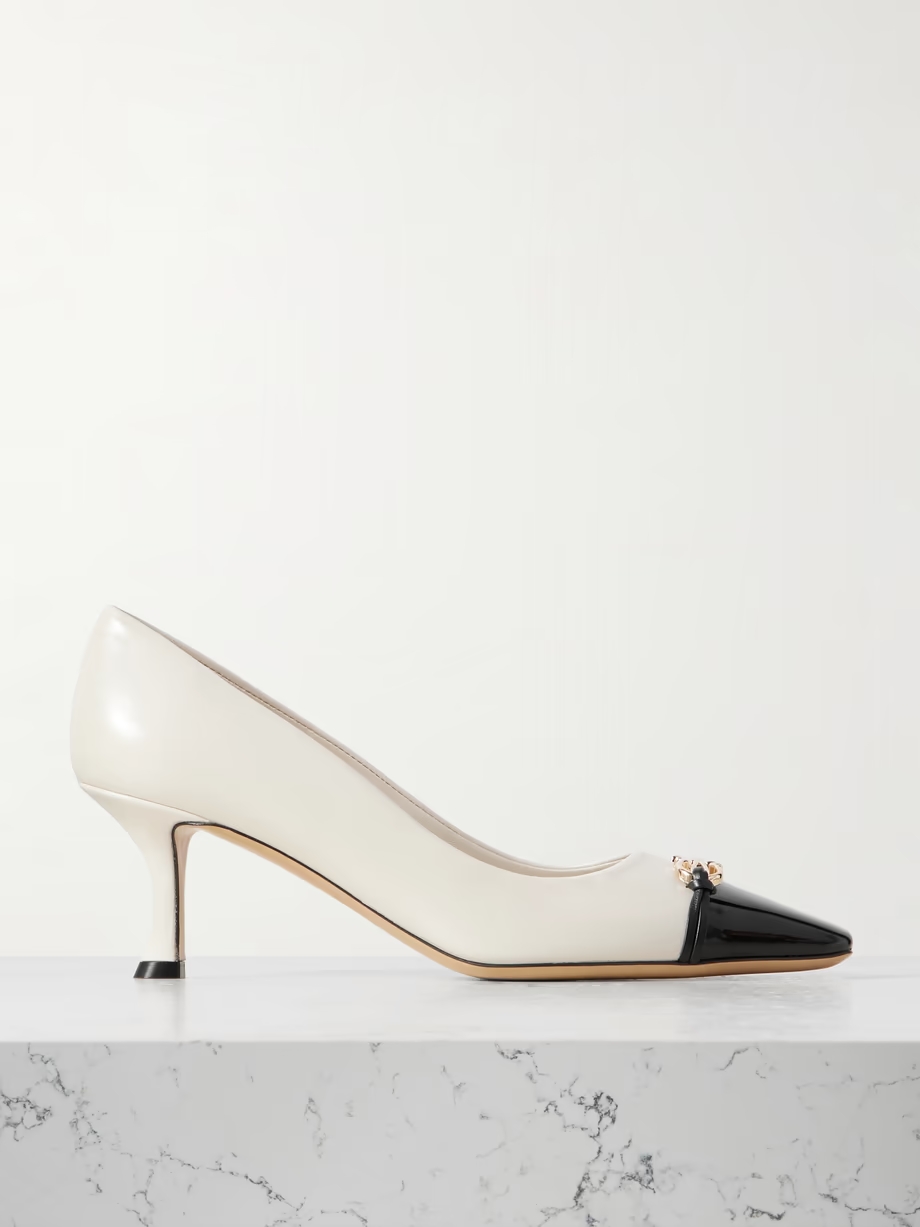 Bria embellished patent-leather trimmed smooth leather pumps Bria embellished patent-leather trimmed smooth leather pumps