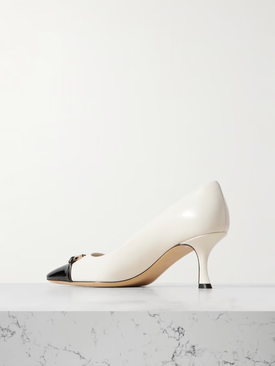 Bria embellished patent-leather trimmed smooth leather pumps Bria embellished patent-leather trimmed smooth leather pumps