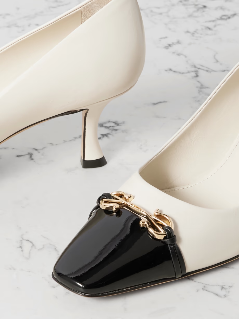 Bria embellished patent-leather trimmed smooth leather pumps Bria embellished patent-leather trimmed smooth leather pumps