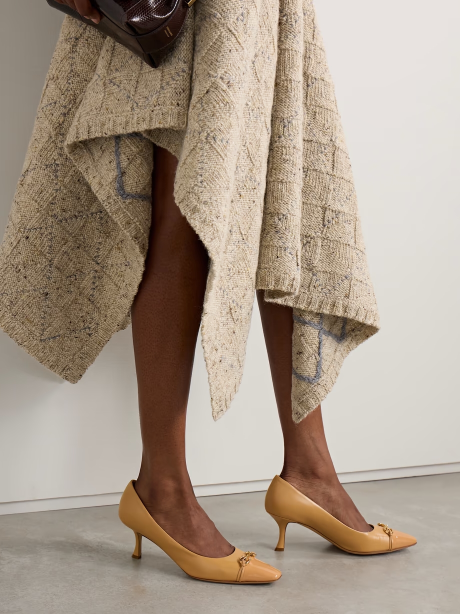 Bria embellished patent-leather trimmed smooth leather pumps Bria embellished patent-leather trimmed smooth leather pumps