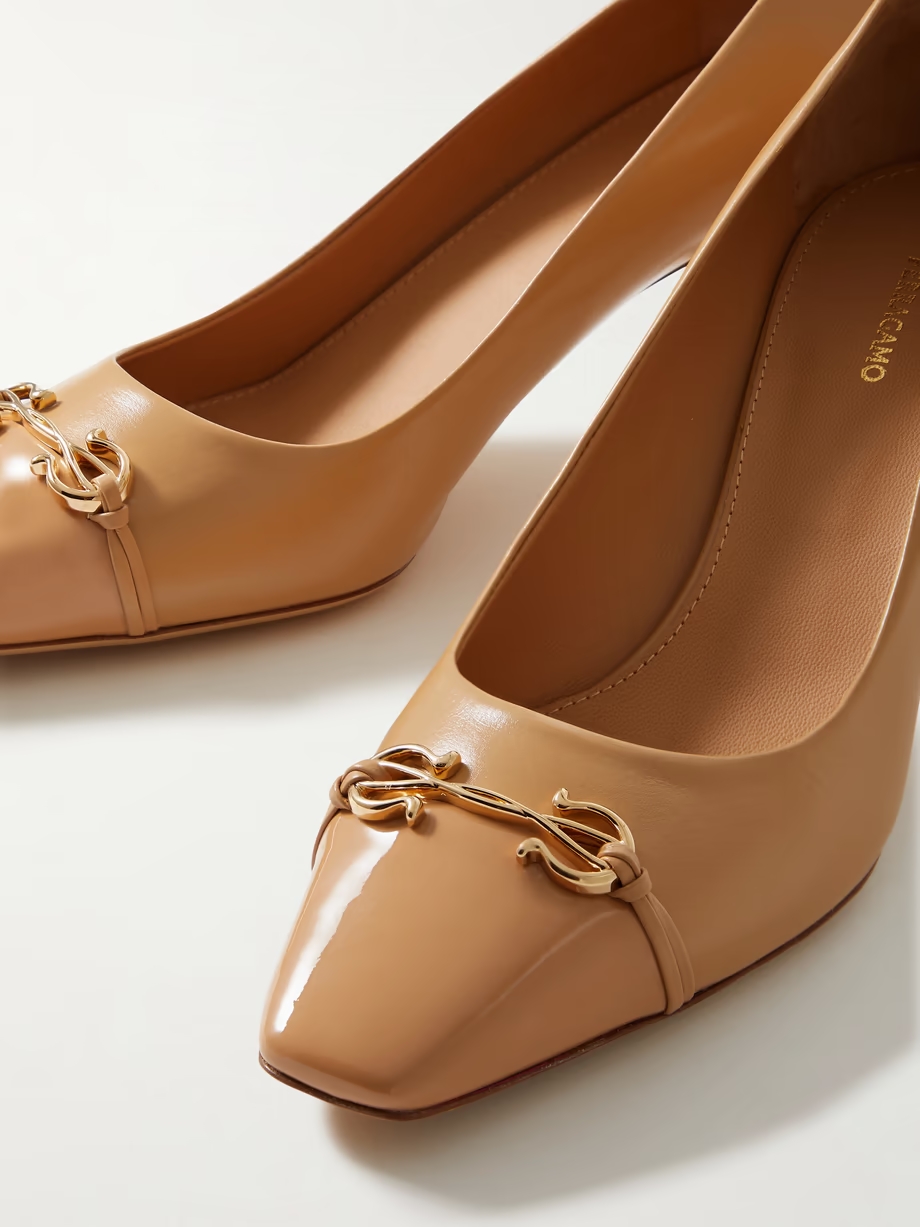 Bria embellished patent-leather trimmed smooth leather pumps Bria embellished patent-leather trimmed smooth leather pumps