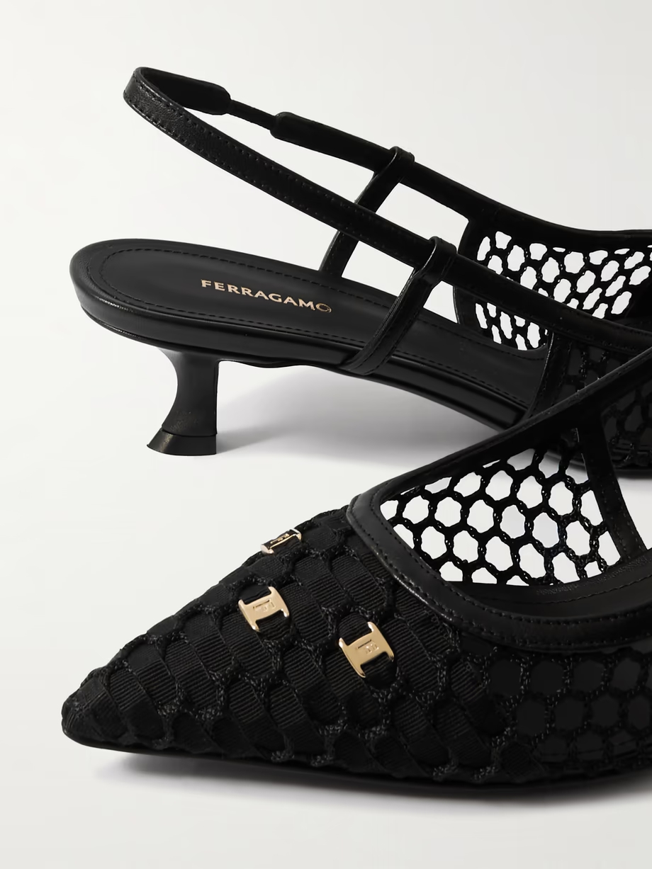 Klizia embellished grosgrain and leather-trimmed mesh slingback pumps Klizia embellished grosgrain and leather-trimmed mesh slingback pumps