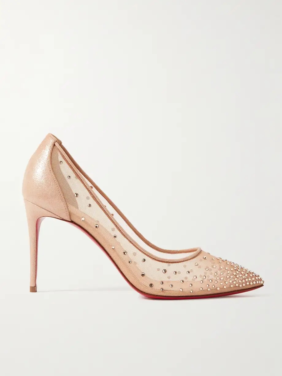 Follies 85 crystal-embellished mesh and glittered-leather pumps Follies 85 crystal-embellished mesh and glittered-leather pumps