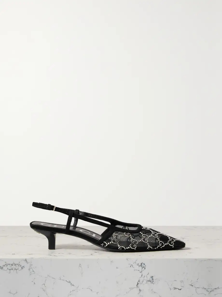 Demi suede-trimmed crystal-embellished mesh slingback pumps Demi suede-trimmed crystal-embellished mesh slingback pumps
