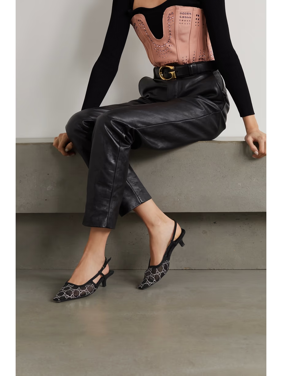 Demi suede-trimmed crystal-embellished mesh slingback pumps Demi suede-trimmed crystal-embellished mesh slingback pumps