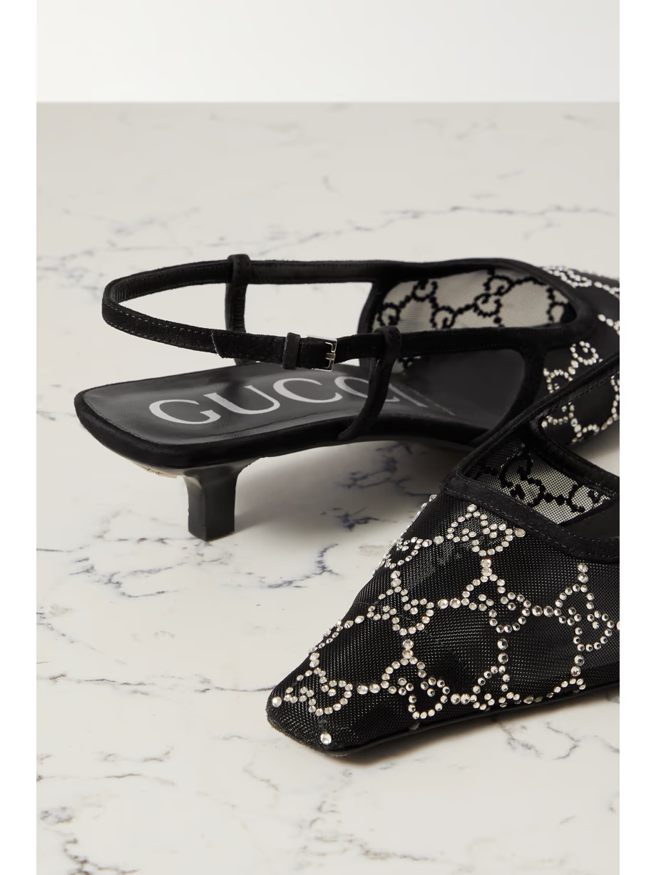 Demi suede-trimmed crystal-embellished mesh slingback pumps Demi suede-trimmed crystal-embellished mesh slingback pumps