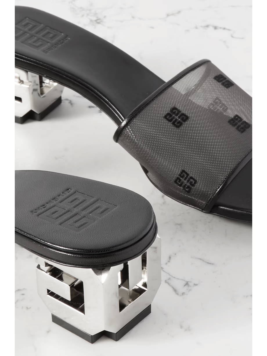 Logo-embroidered leather-trimmed mesh mules Logo-embroidered leather-trimmed mesh mules