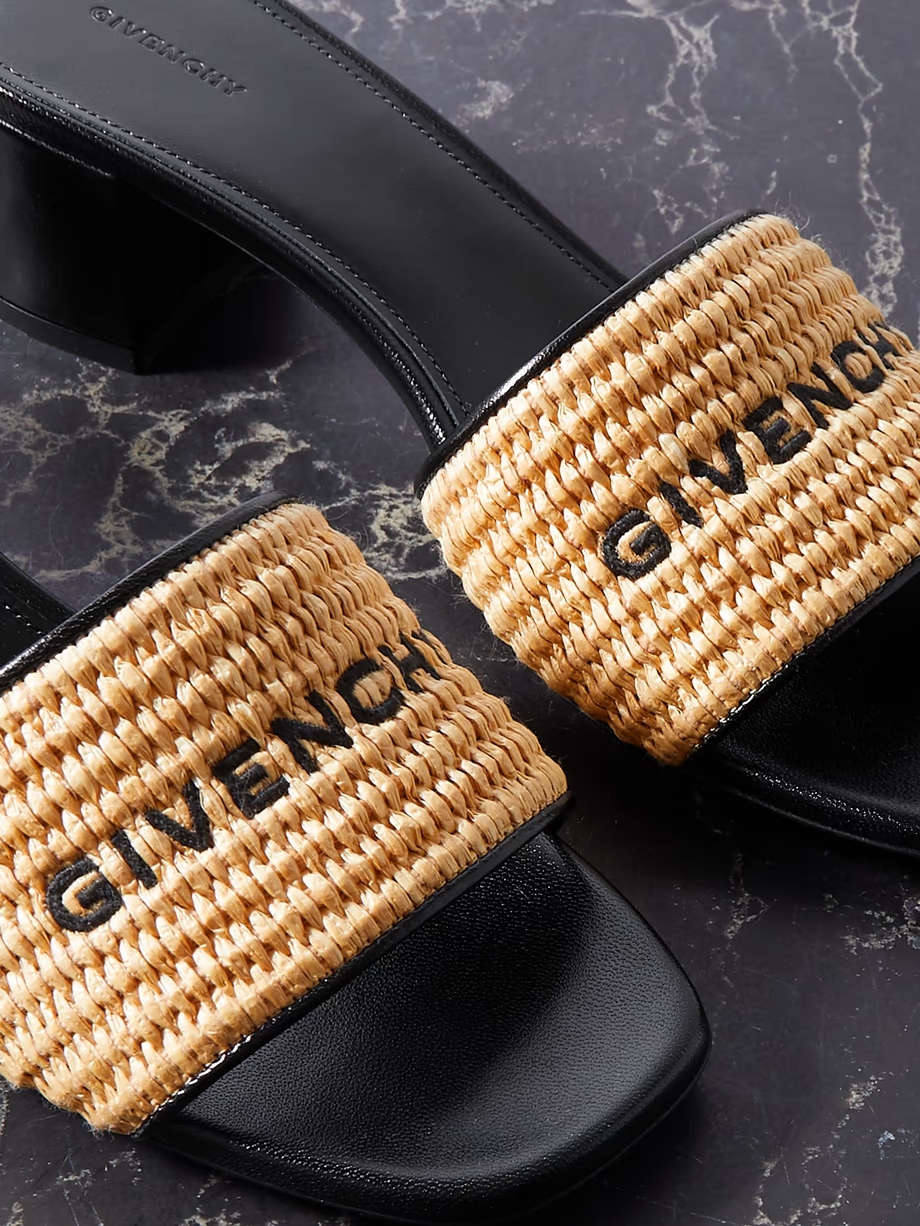 4G leather-trimmed embroidered raffia mules 4G leather-trimmed embroidered raffia mules