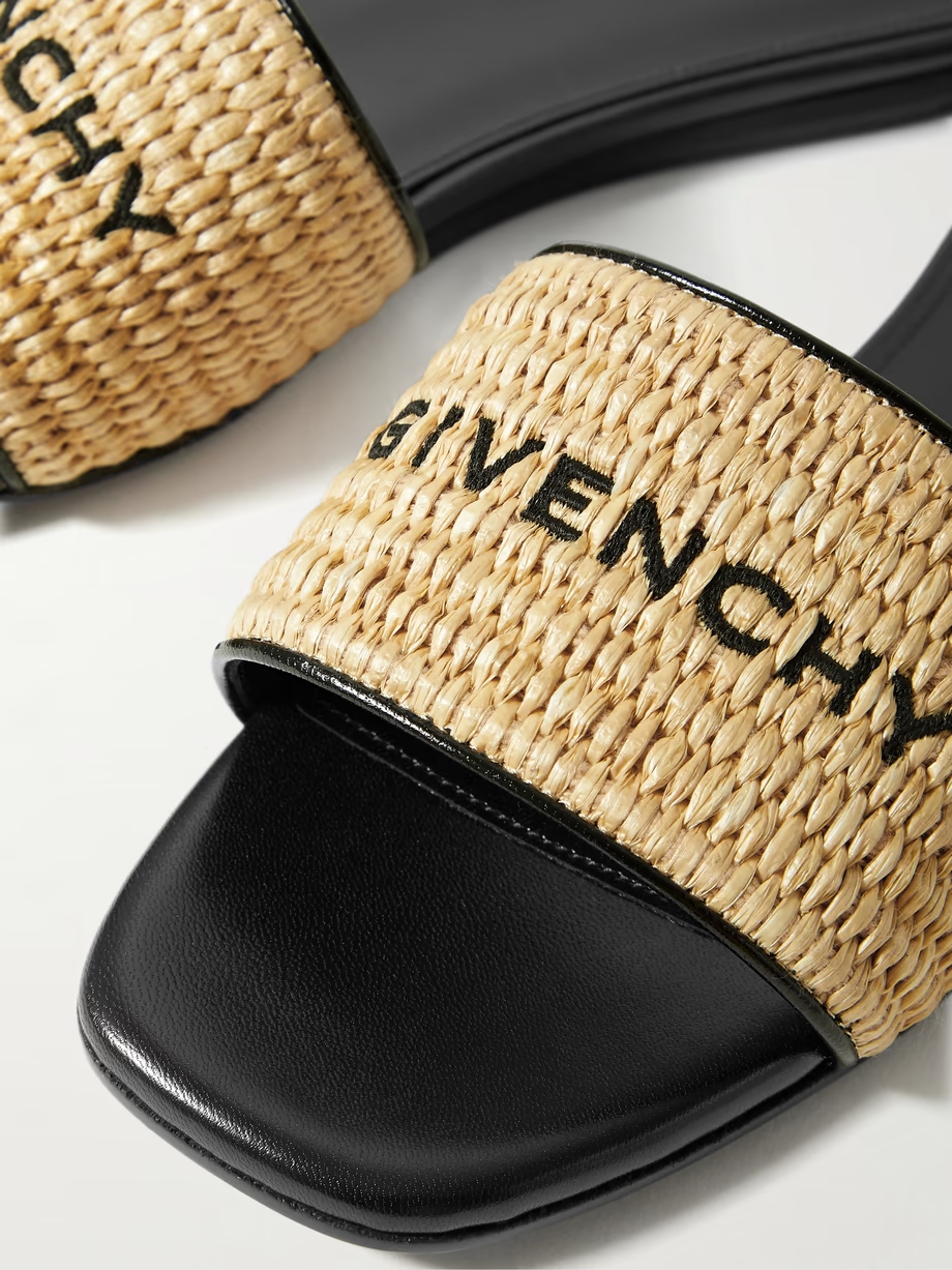 4G leather-trimmed embroidered raffia slides 4G leather-trimmed embroidered raffia slides
