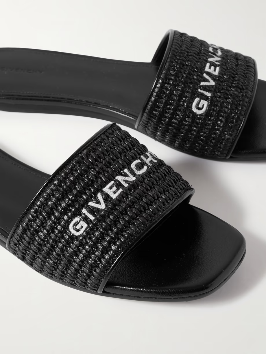 4G leather-trimmed embroidered raffia slides 4G leather-trimmed embroidered raffia slides