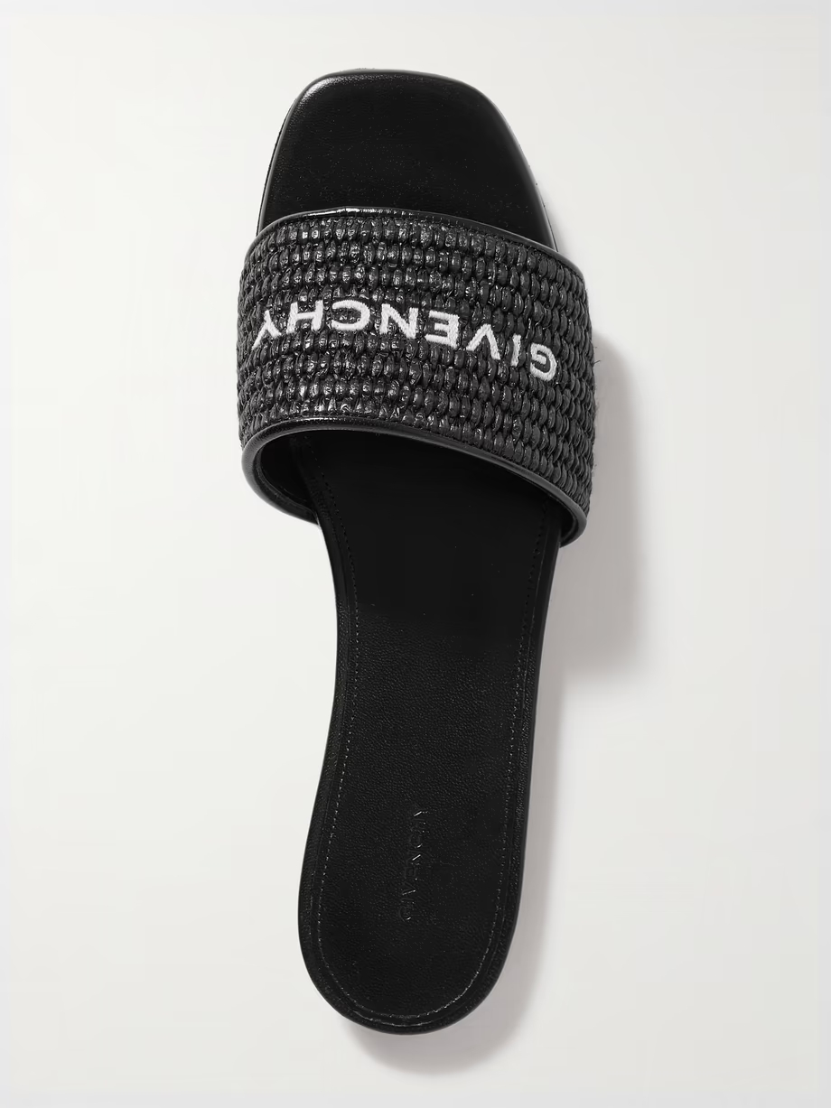 4G leather-trimmed embroidered raffia slides 4G leather-trimmed embroidered raffia slides