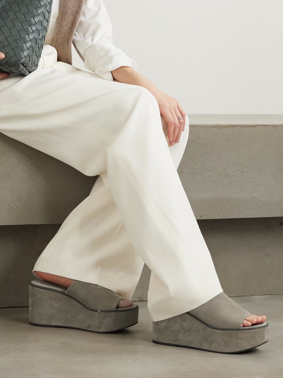 Bead-embellished suede wedge mules Bead-embellished suede wedge mules