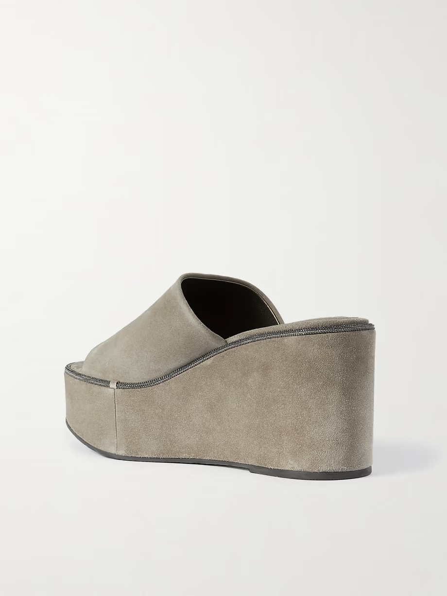 Bead-embellished suede wedge mules Bead-embellished suede wedge mules